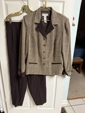 dressbarn 2 Pc pant Suit Set Jacket Blazer Brown pant Houndstooth Large 14 90s